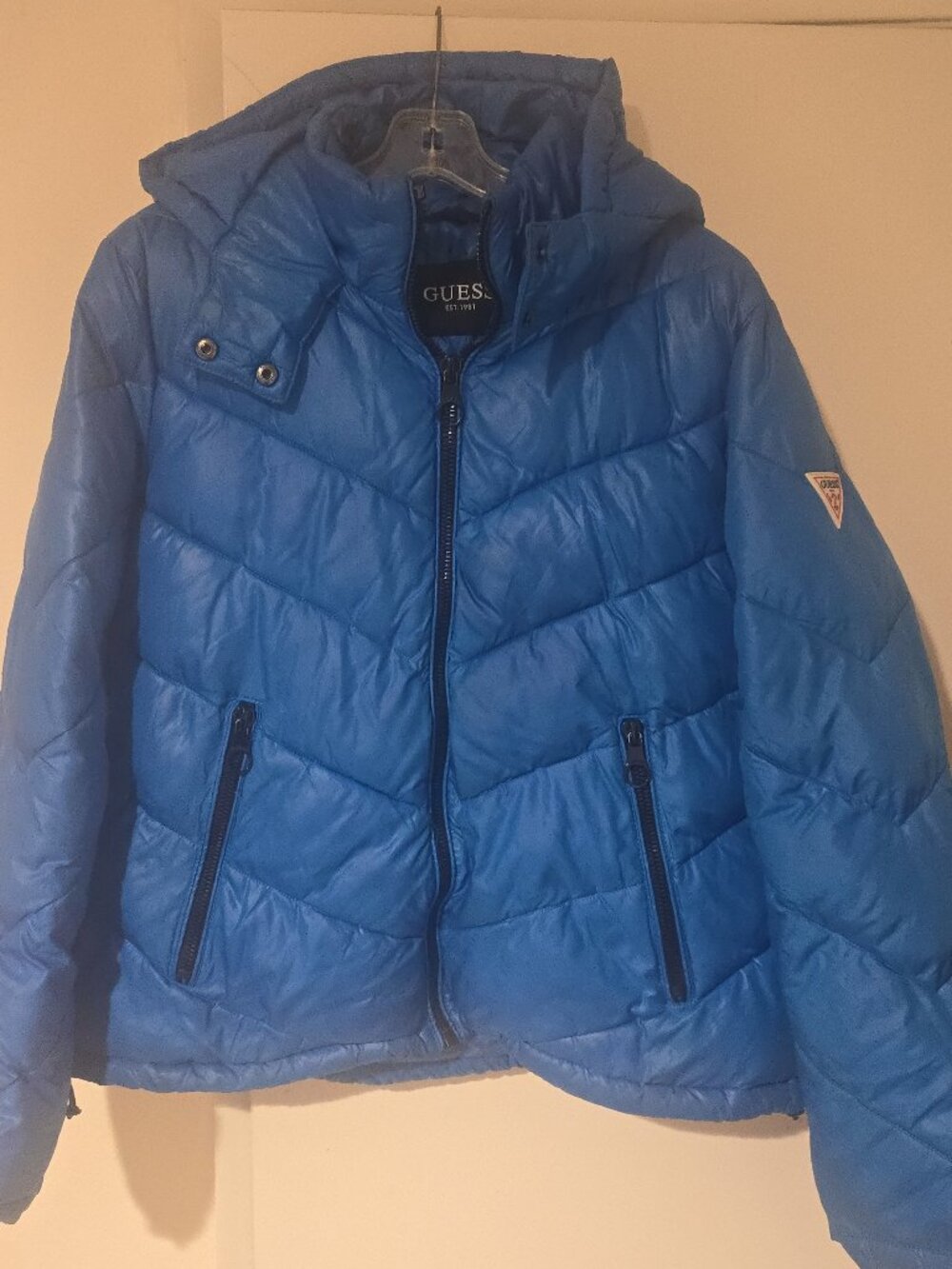 Guess Puffer Jacket Mens L Blue Hooded Y2K Chevron Quilted Coat